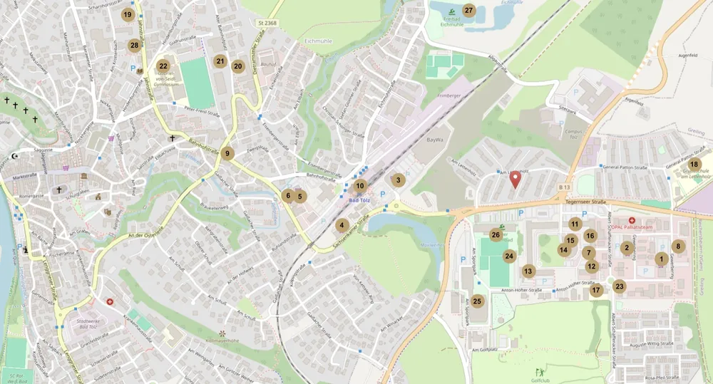Karte Bad Tölz mit 28 markierten Anlaufstellen des täglichen Lebens im Umkreis von 2–3 km